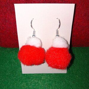 Earrings Pom Pom Red & White Christmas Holiday Pierced Handcrafted Fun New